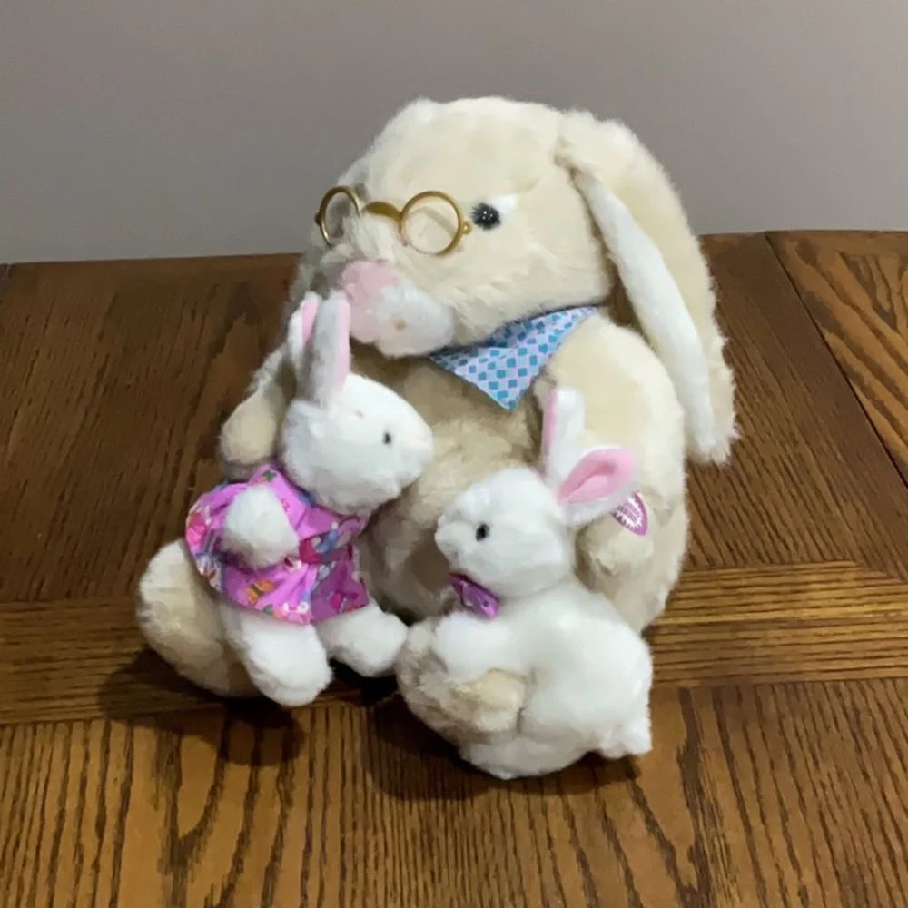 Cream and White Plush Stuffed Talking 3 Bunny Set for Easter